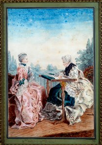 Mademoiselle Melin a Mademoiselle de Laleu dělají akvarelovou tapisérii Louis carrogis dit Carmontelle (1717-1806) 1759. Paříž, Musee Carnavalet od Carmontelle