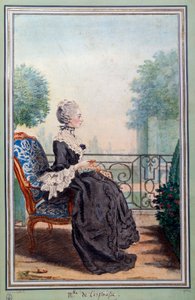 Celovečerní portrét Julie de Lespinasse (1732-1776) akvarelové ženy od Louise Carrogise (1717-1806) známé jako Carmontelle. Chantilly z 18. století, muzeum Conde