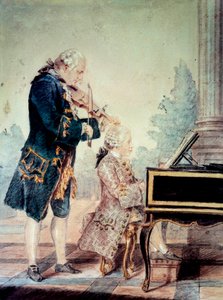 Wolfgang Amadeus Mozart (1756-1791) dítě hraje na klavír se svým otcem Leopoldem”” Akvarel Louis Carrogis Carmontelle (1717-1806) 1777 Paříž, Musee Carnavalet