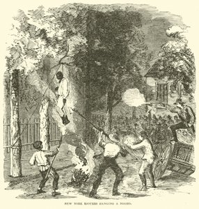 Newyorští výtržníci oběšení černocha, červenec 1863 (rytina)