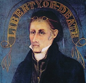Patrick Henry, zobrazený s legendou „Svoboda nebo smrt“ (barevné lito)