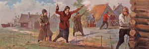 Sovětská instruktorka agronomie oznamuje svůj příjezd do vesnice střelbou z revolveru do vzduchu (barva litho) od (after) Carrey
