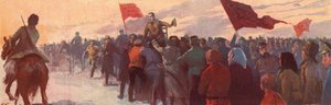 Dav příznivců ruského revolučního vůdce Alexandra Kerenského (barevné lito)