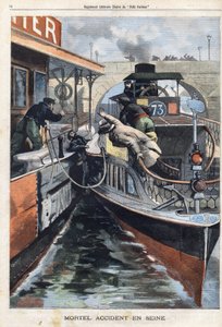 Smrtelná nehoda na Seině: zaměstnanec společnosti des Bateaux Parisiens zemřel havarovaný mezi dvěma čluny poblíž mostu Charenton. Rytina v „“Le Petit Parisien““ dne 17.2.1901.