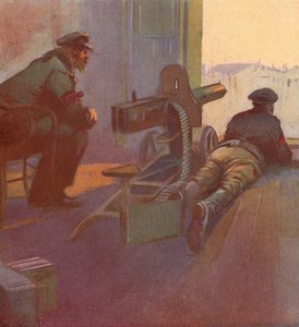 Rudé gardy s kulometem mířícím z okna budovy, ruská revoluce