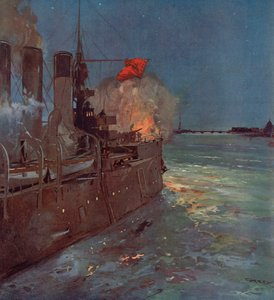 Ruský křižník Aurora vystřelující výstřel signalizující útok na Zimní palác v Petrohradě, ruská revoluce, 25. října 1917 (barva litho)