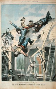 Tři muži padající ze střechy, z „Le Petit Parisian“, vyryto Fortune-Louis Meaulle (1844-1901) 8. dubna 1900 (barva litho) od (after) Carrey