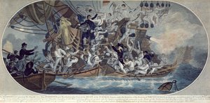 Nalodění a zajetí pozdní lodi Jeho Veličenstva, Hermiona (nyní Odplata) 25. října 1799, vyryto Roffem (barevný lept) od (after) Elms
