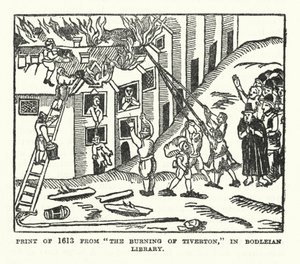 Tisk z roku 1613 z knihy "The Burning of Tiverton" v Bodleian Library (litografie) od (after) English School