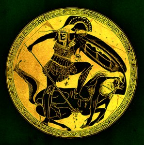 Válečník a kentaur, ilustrace z „Greek Vase Paintings“ od J. E. Harrisona a D. S. MacColl, publikovaná v roce 1894 (digitálně vylepšený obrázek) od (after) English School
