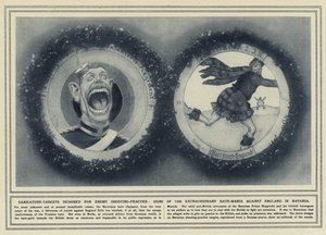 Karikaturní terče určené pro nepřátelskou střelbu, známky mimořádné nenávistné mánie proti Anglii v Bavorsku (č/b foto) od (after) English photographer