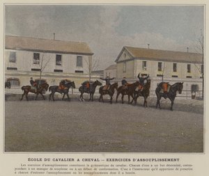 Škola jezdce na koni, protahovací cvičení (barevné foto) od (after) French Photographer