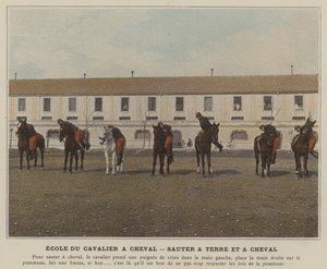 Škola jezdce na koni, Skákání na zemi a na koni (barevné foto) od (after) French Photographer