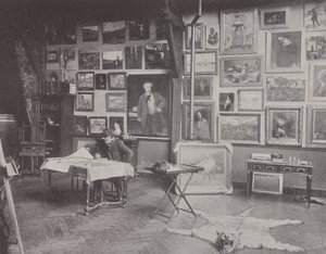 Francouzský malíř Alfred Philippe Roll ve svém ateliéru (č/b foto) od (after) French Photographer
