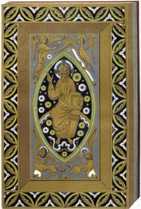 Kristus v Mandorle se symboly 4 evangelistů (Tetramorf). Litografie reprodukující emailovou vazbu ze 13. století.