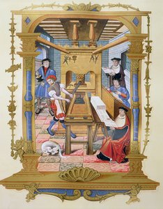 Interiér tiskárny ze 16. století, kopie miniatury z „Chants royaux sur la Conception Couronnee du Puy de Rouen“ (barevné lito)
