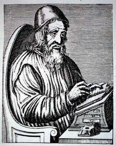 Portrét Trimethia, kopie francouzské rytiny z 18. století reprodukované v „Les Sciences Maudites“ od Jollivet-Castelot, použité v „Historie magie“, vydané koncem 19. století (rytina)