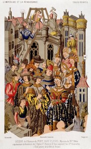 Scéna z historie Fort Roy de Clovis. Mystérium 15. století představující základ kostela sv. Petra a Pavla, dnes svatá Genevieve. (z) Malované plátno města Remeš.