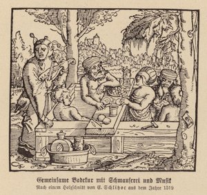 Smíšené lázeňské koupání s hodováním a hudbou (dřevoryt) od (after) German School