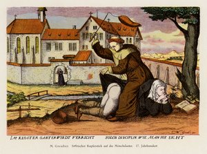 Mnich kárá jeptišku v klášterní zahradě (barevná litografie) od (after) German School