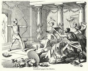 Odysseus zabíjí nápadníky Penelopy (rytina) od (after) German School