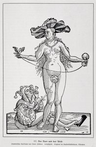 Žena a šílenec lechtající si penis květinou, "Der Rarr und das Weib "", "Geschichte des Erotischen Kunst", Edouard Fuchs, Berlín
