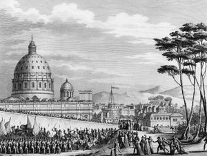 Francouzská revoluce: Triumfální vstup Francouzů do Říma v Itálii v únoru 1798 vedený generálem Louisem Alexandrem (Louis-Alexandre) Berthierem, který napadl papežské státy a 11. února se zmocnil města Řím