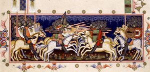 Bitevní scéna (Imagined Crusades) - ve „Statutech Řádu Ducha svatého Neapole“ (Řád Ducha svatého) podle miniatury z roku 1352 od (after) Italian School