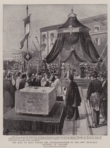 Italský král pokládá základní kámen nové městské budovy v Cagliari (litho) od (after) Italian School