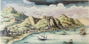 Pohled na město Málaga, Španělsko (barevná rytina) od (after) Spanish School