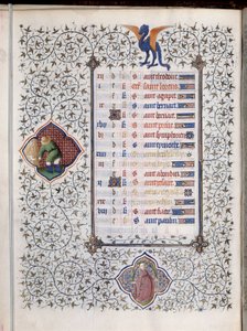 Rukopisná stránka „“ Les Tres Riches Hours duke Francois de Guise“““ zdobí znamení zvěrokruhu a znázornění zemědělské práce, sklizně. Miniatura mistra Boucicautu od (and workshop) Boucicaut Master