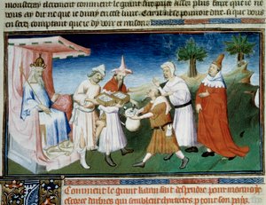 Qubilai (Kubilai Khan, první císař mongolské dynastie Yuan (1215-1294) platí za své nákupy miniaturními mincemi z kůry Murier převzatými z knihy Marca Pola „The Book of Wonders““ („World Devisement“, „“Il Milione“). ilustroval Mistr Boucic