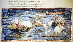Plachetnice, ilustrace pro Aeneid, epická báseň Virgilia (70-19 př.nl), miniatura připisovaná Apollonio di Giovanni (1415-1465) od (attr. to) Apollonio di Giovanni