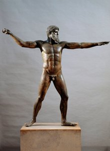 Řecké umění: bronzová socha zvaná bůh Cape Artemision připisovaná sochaři Kalamisovi (5. století př. n. l.), 460 př. n. l., Dim. 209 cm - Athény, Národní archeologické muzeum (inv. 15161) - Řecká civilizace: socha (často nazývaná Bůh z moře) Dia nebo P od (attr. to) Kalamis