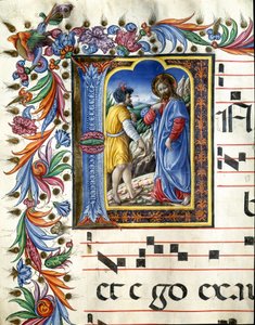 Decoree lettrine zobrazující pokušení Krista Miniatura od Liberale da Verona (1445-1529) z chóru (Cod. 20/5. c.45v) z katedrály v Sieně. Katedrála (Duomo) z 15. století v Sieně, Itálie od (c.1445 1527) Liberale da Verona