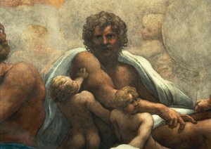 Vize svatého Jana Evangelisty na Patmosu, Nanebevstoupení Krista mezi apoštoly nebo Kristus ve slávě od Antonia Allegriho, známého jako Correggio (1489-cca 1534), freska, 966x888 cm průměr u základny, detail, Kostel sv. Jana Evangelisty, kupole, Parma