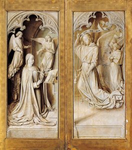 Zvěstování v grisaille (monochromatická šedá), vnější křídla triptychového oltářního obrazu (asi 1489-1502) od mistra z Moulins, v katedrále Notre-Dame, Moulins, Francie. od (fl.c.1483 c.1529) Master of Moulins