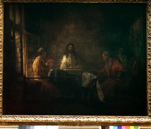 Emauzští poutníci Kristus se zjevuje poutníkům sedícím u stolu v emauzském hostinci. Obraz z dílny Harmensze van Rijn dit Rembrandta (1606-1669)