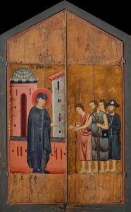 Diptych blahoslaveného Andrea Galleraniho: Požehnaný hostitel Gallerani přijímající poutníky a žebráky, vnější panely, cca 1270 (malba na dřevě) od (workshop of) Guido da Siena