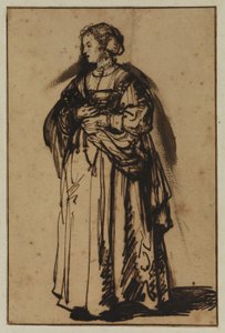Umělcova manželka Saskia stojí a v rukou drží květiny od (workshop of) Rembrandt Harmensz. van Rijn