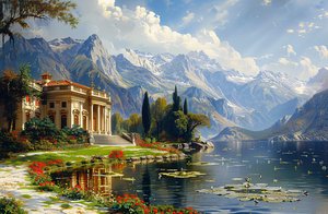 Malba městské krajiny : vila a jezero ve stylu antického Řecka pro nástěnnou dekoraci od F. Abderrahim
