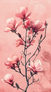 Minimalistické růžové a šedé květiny, Botanická výzdoba stěn do ložnice od F. Abderrahim