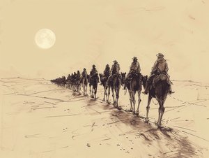 Desert Sun Procession Minimalist Single-Line Sketch, Nástěnná dekorace na prodej od F. Abderrahim