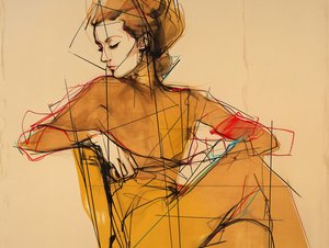 Módní ilustrace a kresba ženy sedí, portrét v elegantní hnědé šaty, umělecké výtisky od F. Abderrahim