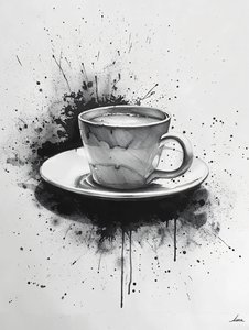 Minimalistické Single-Line Noir Scene s kávovou skvrnou Highlights, online umělecké výtisky od F. Abderrahim