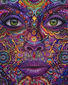 Psychedelická žena s barevnou tváří duchovní  Mandala vzory, plátno umělecké výtisky od F. Abderrahim