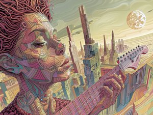 Mladý muž hrající hudbu v surrealistické futuristické scéně, rámeček nástěnné dekorace výtisky od F. Abderrahim