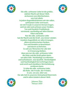 Ušlechtilá, vědomá láska nám přináší klid, radost a mír v našem rodném Rakousku i ve všech zemích světa. od Johanna Thier