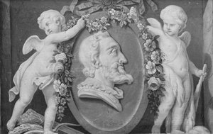Busta Jindřicha IV. v oválném medailonu s modrým podkladem podepřeným dvěma amorky, 18. stol. od 18th century . French Painter