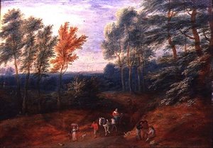 Zalesněná krajina s cestovateli ve voze se senem (olej na desce) od A.F. and Bouts P. Boudewyns